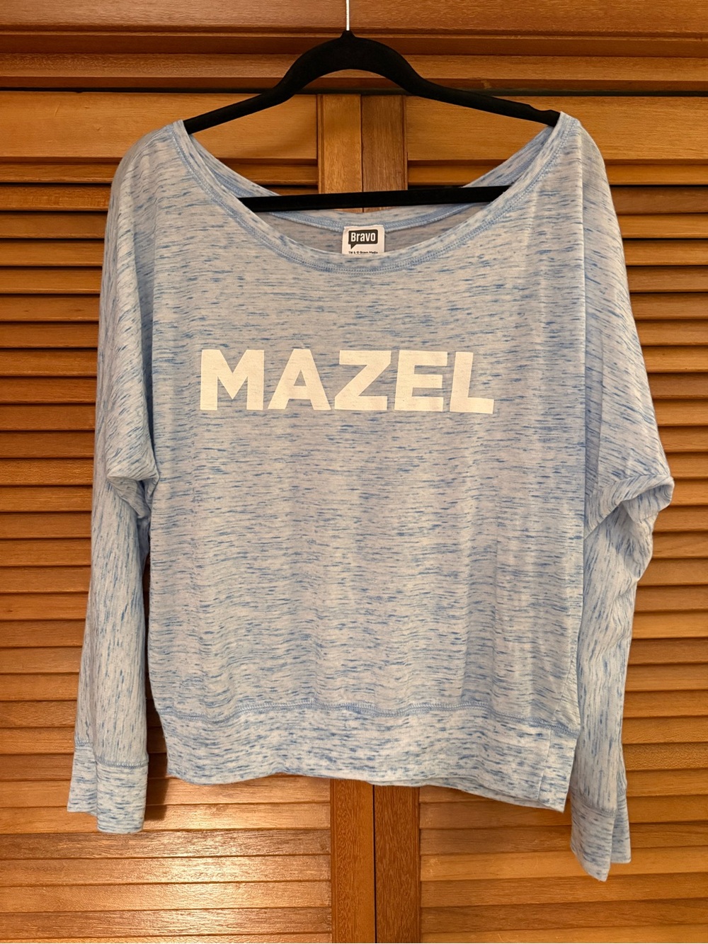 'MAZEL' Long Sleeve Tee in Light Blue - Bravo/Andy Cohen/Watch What Happens Live